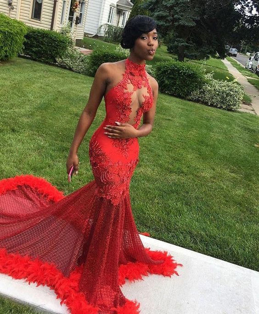 high neck red mermaid prom dresses with appliques  cg7950