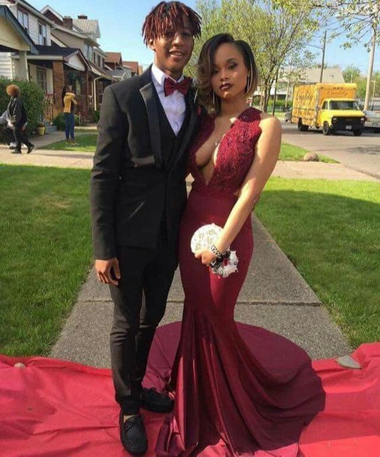 Burgundy Prom Dress,Appliques Prom Dress,V Neck Prom Dress,Long Mermaid Prom Dress,Teens Prom Dress  cg8197