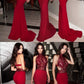 Mermaid High Neck Sweep Train Red Stretch Satin Prom Dress with Lace  cg832