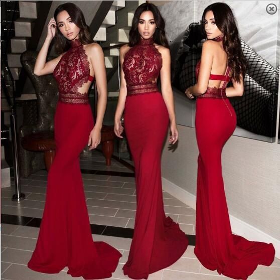 Mermaid High Neck Sweep Train Red Stretch Satin Prom Dress with Lace  cg832