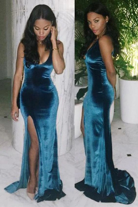 Dark Blue Velvet Spaghetti Straps Slit Mermaid Long Prom Dresses Formal Evening Fancy Dress  cg8329