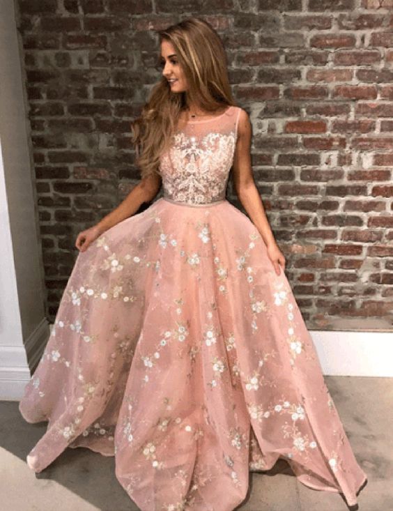 Blush Pink Lace A-line Prom Dresses, long Prom dress cg836