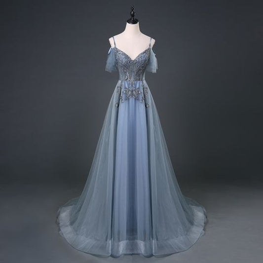 Blue v neck tulle lace long prom dress, evening dress  cg8374