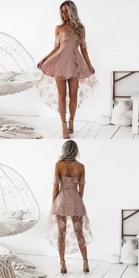 Fancy Lace Party Dress A-Line Spaghetti Straps High Low Blush Lace Homecoming Dress With Ruffles cg85