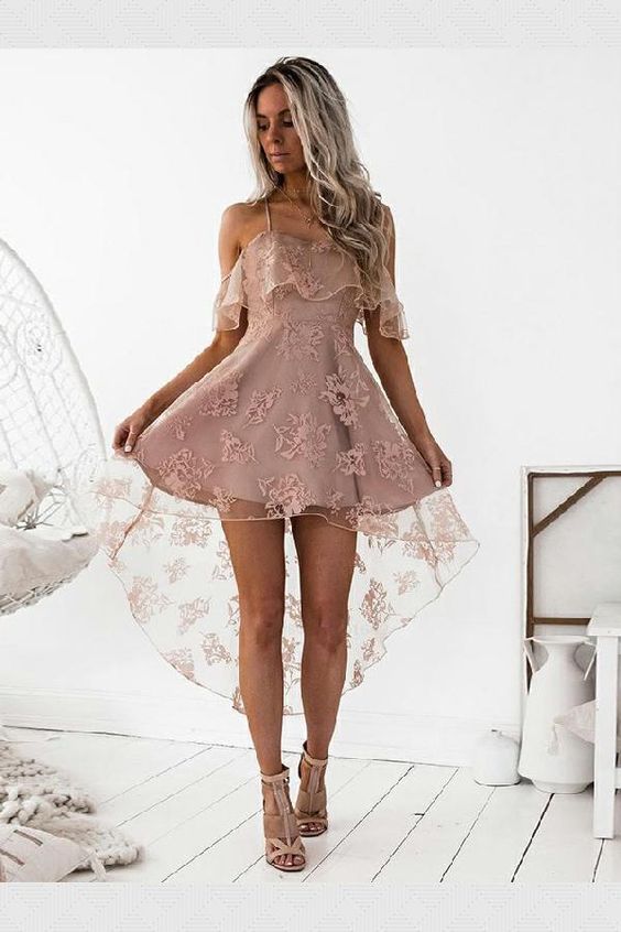 Fancy Lace Party Dress A-Line Spaghetti Straps High Low Blush Lace Homecoming Dress With Ruffles cg85