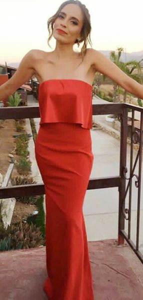 Elegant Sheath Strapless Red Satin Custom Long Prom Dresses  cg8579