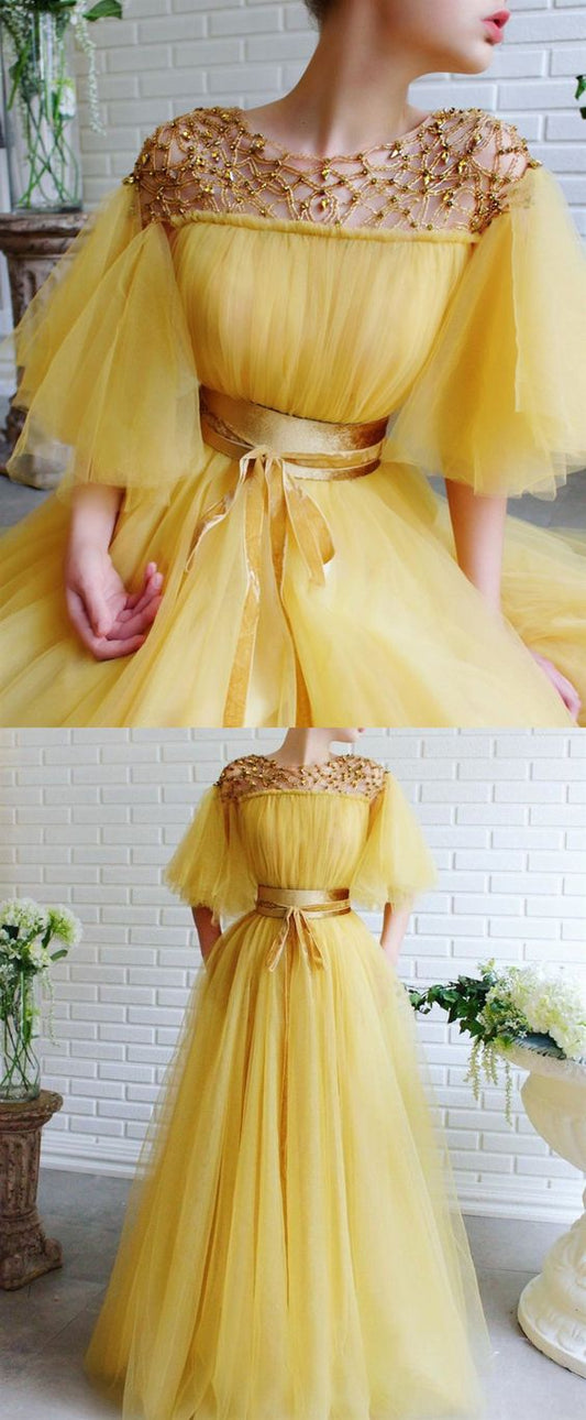 modest yellow prom dress long prom dresses with tulle evening gown   cg8637