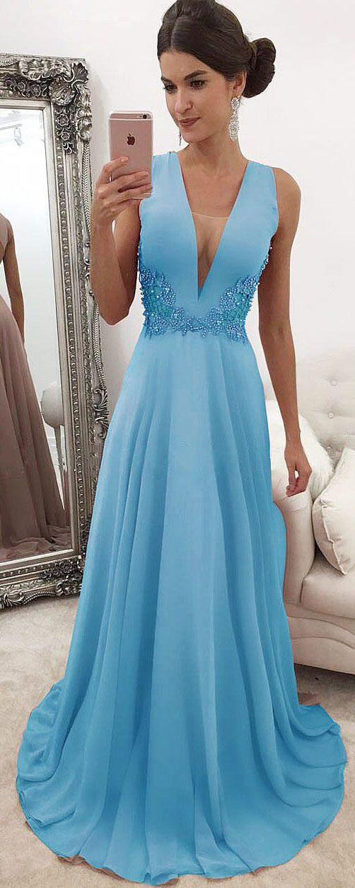 Charming Blue V neck Evening Dress, Sexy Sleeveless Beaded Long Prom Dresses  cg8645
