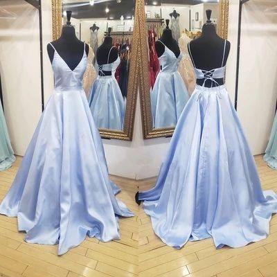 A-line Blue Satin Long Prom Dress with Lace Up Back  cg8671