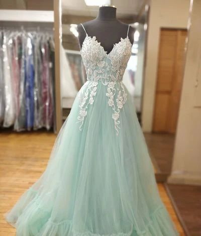 Spaghetti Straps Mint Green and White Long Prom Dress   cg8692