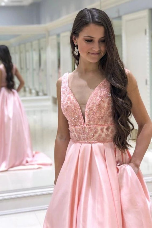 V Neck Beaded Pink Long Prom Dress with Pockets   cg8703
