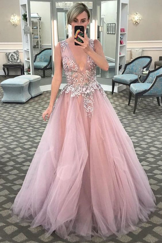 V-Neck Pink Long Prom Dress with Floral Embroidery  cg8714