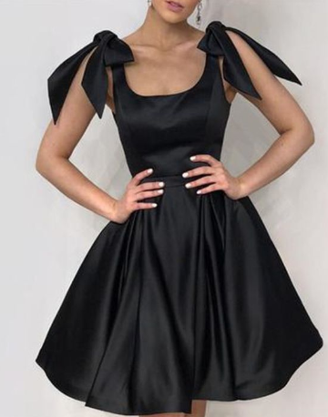 Elegant Black Bow Shoulders Ruffles Satin Homecoming Dresses cg874