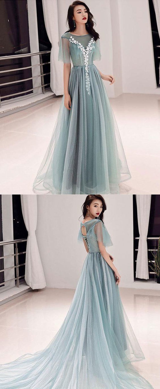 Green round neck tulle lace long prom dress, green evening dress  cg8781