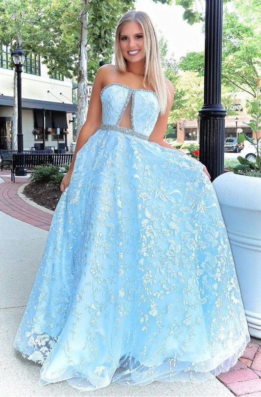 Stunning A-line Strapless Sky Blue Lace Beaded Long Prom Dresses Evening Dress  cg8792