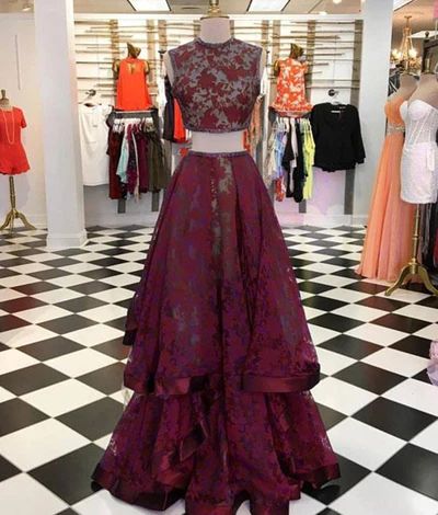 Deep red two pieces round neckline long prom dress, long lace customize evening dress  cg8858