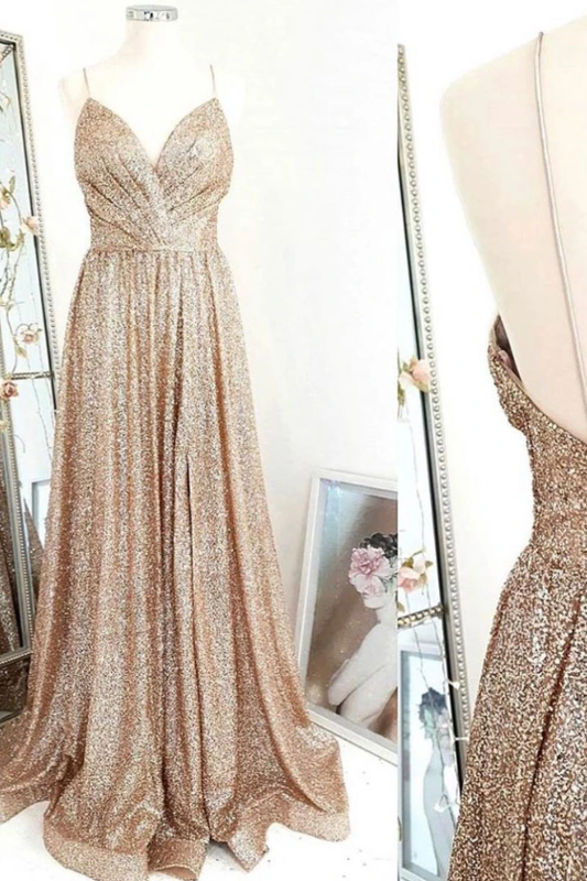 Gold sequin long prom dress gold evening dress  cg8968