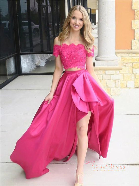 Asymmetrical Two Piece Prom Dress with Lace Crop Prom Dress   cg8983