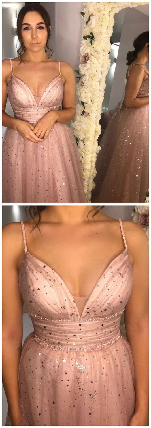 Sparkly Spaghetti Straps Empire Pink Long Tulle Prom Dress with Beding  cg8987