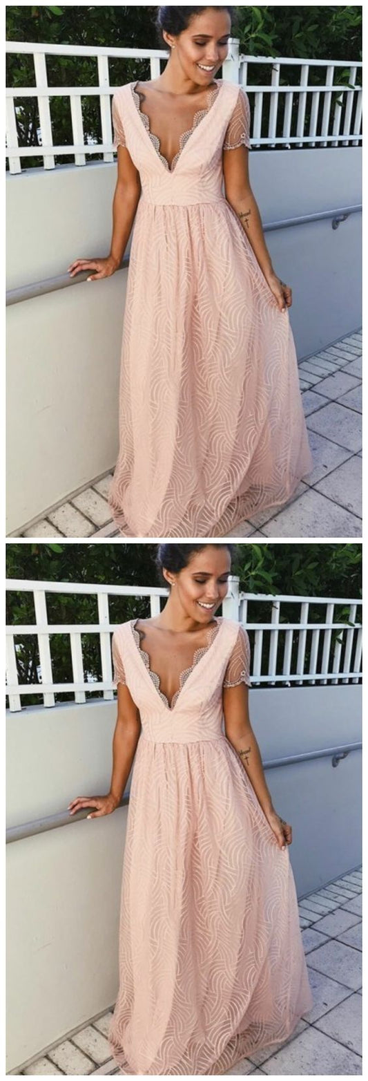 Glamour V-neck Pink Short Sleeves Floor-Length Lace Prom Dress  cg8989