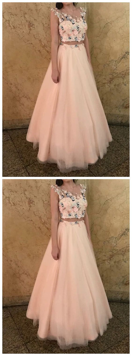 Two Piece Round Neck Pink Tulle Prom Dress with Appliques  cg8994