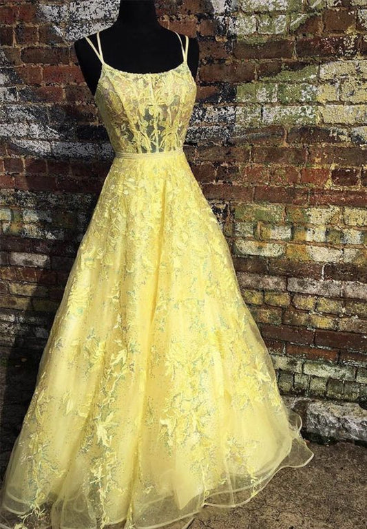 Yellow tulle lace long prom dress evening dress  cg9009