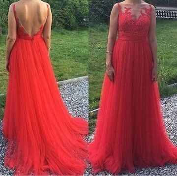 Charming Tulle Red Prom dress, backless long evening prom dress  cg9012