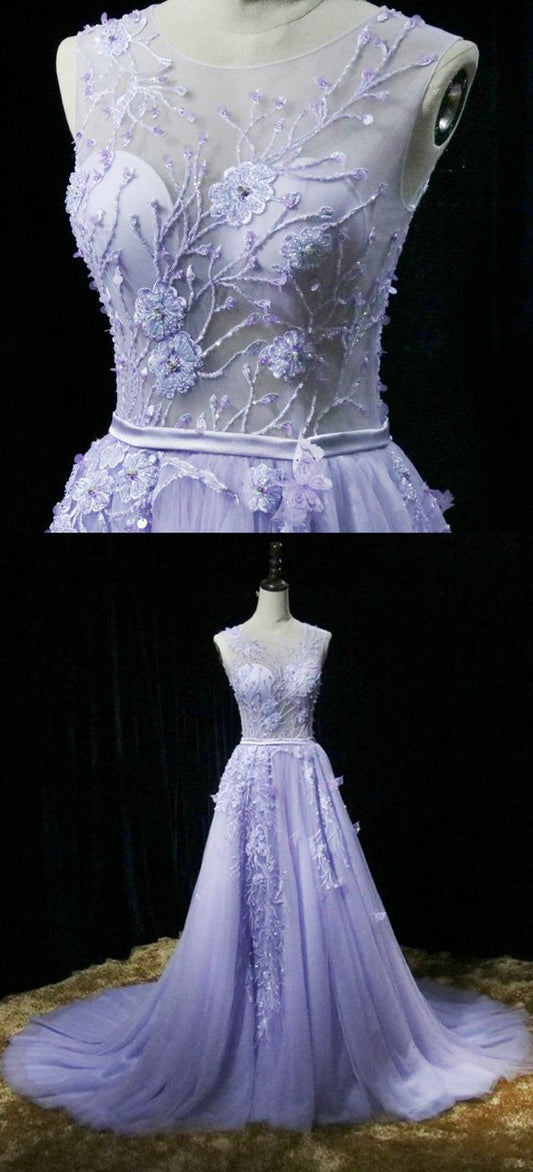 Violet Tulle Crystal Long Embroidery Senior Prom Dress, Long Pageant Prom Gown   cg9015