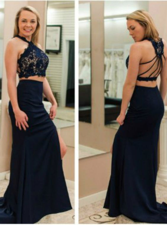 Sexy Halter Two Piece Lace Prom Dress, Long Evening Dresses  cg9016
