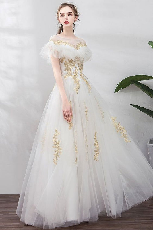 White Tulle Gold Lace Applique Long Ruffles Senior Prom Dress, Formal Dress  cg9023