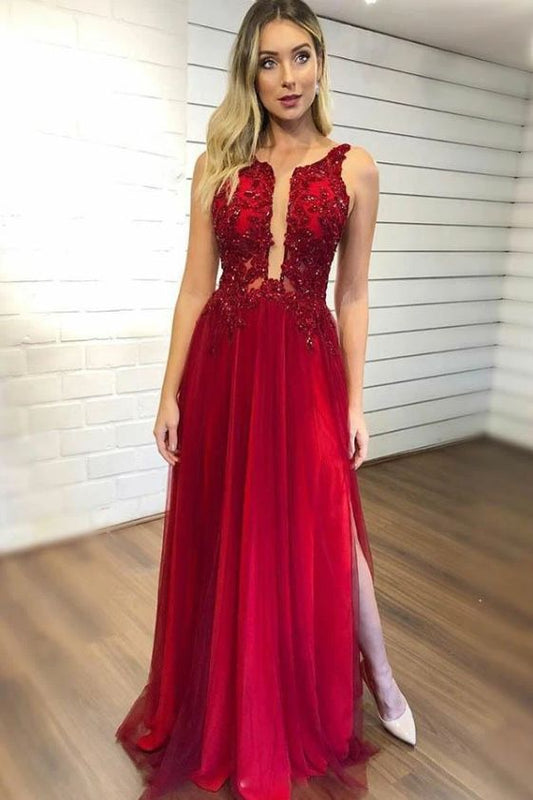 A-Line Sleeveless Split Prom Dresses with Appliques Beading Tulle Evening Dresses  cg9025