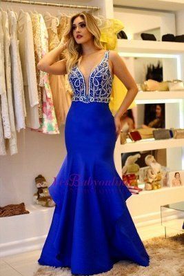 Modern Sleeveless Royal-Blue Straps Ruffles Mermaid Prom Dress  cg9089