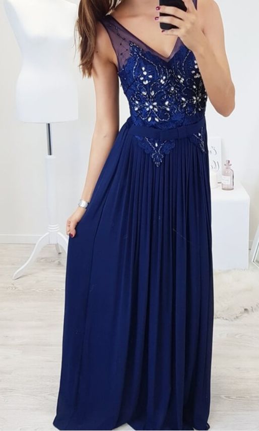 Charming V neck Navy Blue Crystal Beading Evening Dress, Long Prom Dresses with Appliques  cg9112