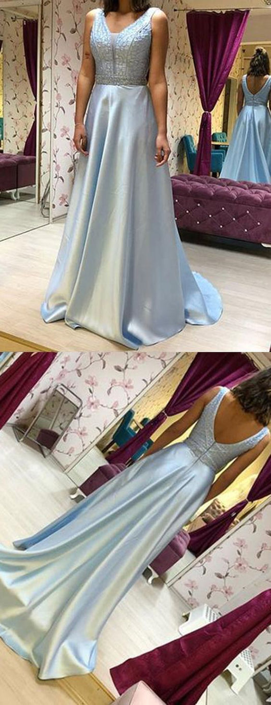 Blue Prom Dress,Satin Evening Dresses,A-Line Prom Dresses,Beading Prom Gown  cg9132