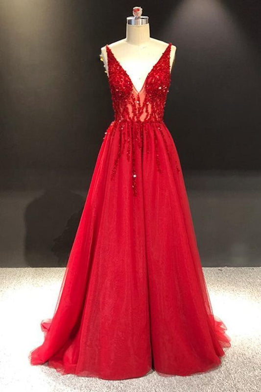 Red Tulle Long Sequins Crystal V neck A-line Formal Prom Dress, Party Dress   cg9142