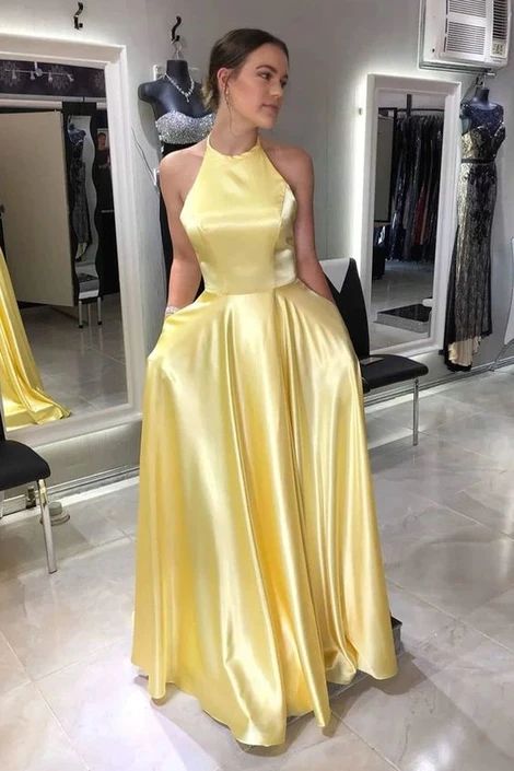 halter yellow satin prom dresses, lace-up yellow satin prom dresses  cg9155
