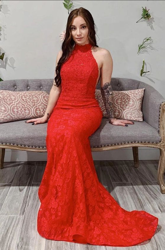 2020 Prom Dresses Mermaid Lace High Neck Open Back Sweep  cg9156