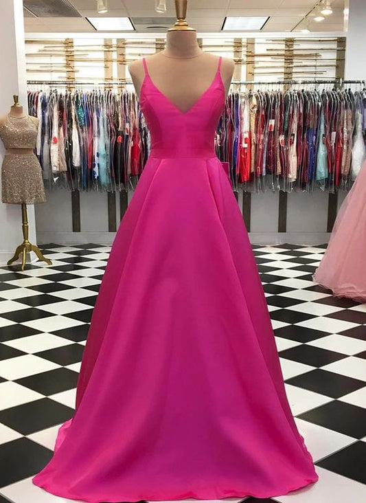 Hot Pink Satin V Neck Simple Long Prom Dress, Bridesmaid Dress  cg9171