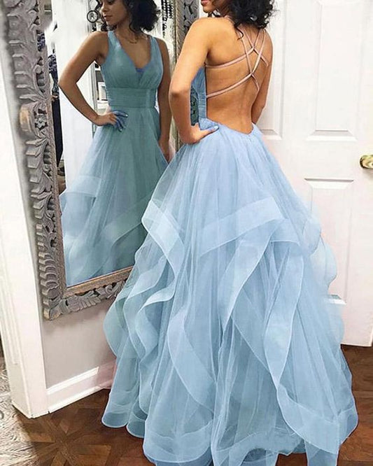 Fancy sky blue/Rose Pink Layered Prom Dress with Straps Formal Wear 2020  cg9190