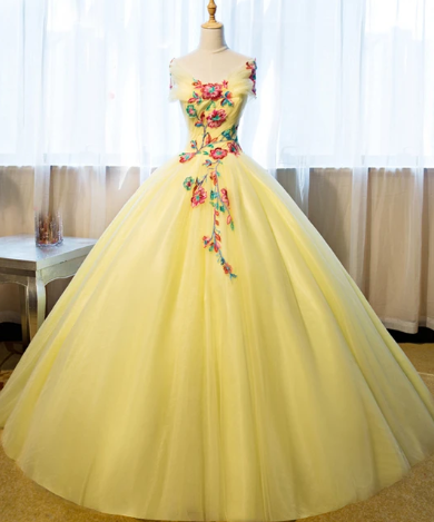 YELLOW TULLE OFF SHOULDER A-LINE FLOOR LENGTH EVENING DRESS PROM DRESS WITH FLOWER APPLIQUES  cg9194