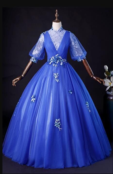 Royal Blue Tulle A Line Formal Prom Dress, Evening Dress With Mid Sleeve   cg9201
