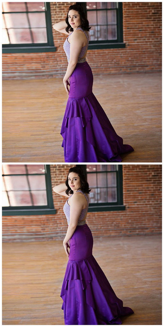 Mermaid Round Neck Open Back Purple Beaded Prom Dress  cg9204