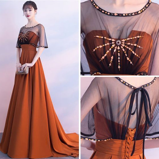 Classic Elegant Orange Evening Dresses A-Line / Princess U-Neck Backless Beading Chiffon prom Party Formal Dresses   cg9213