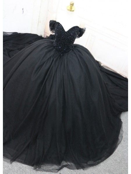 Black Gothic Beading Off-the-Shoulder Ball Gown Wedding prom Dress  cg9226