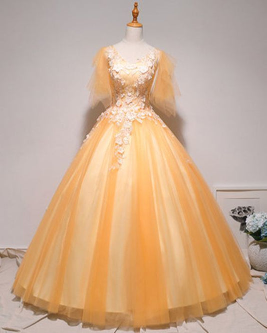 Yellow Tulle Lace Cap Sleeve Long Formal Prom Dress, Evening Dress   cg9232