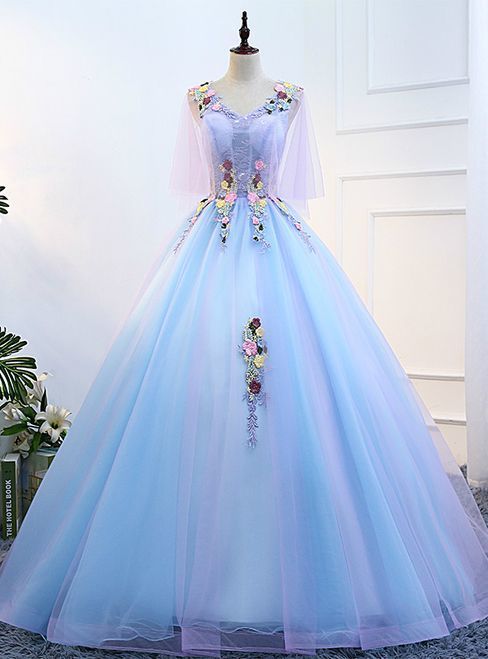 Blue V-neck Tulle Floor Length Quinceanera Dresses  Prom Dress, Evening Dress   cg9233