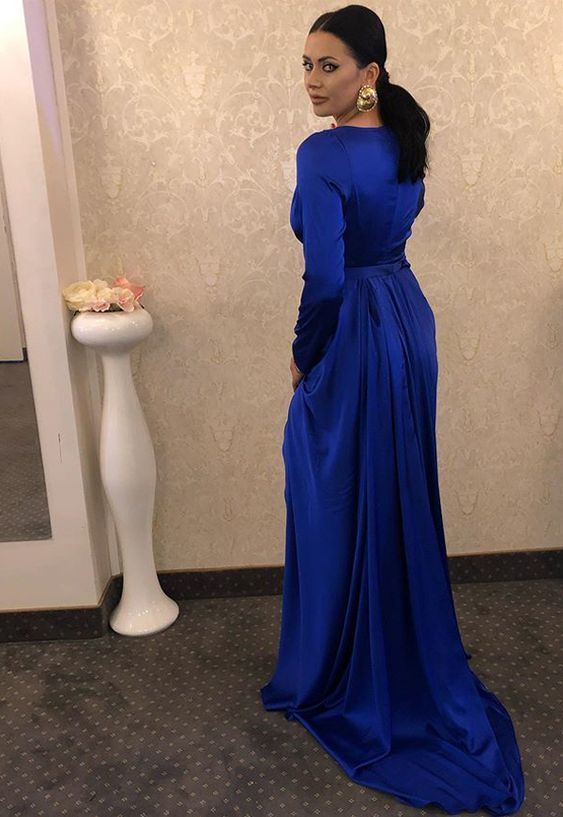 Royal Blue Long Sleeves Prom Dress With Split   cg9281