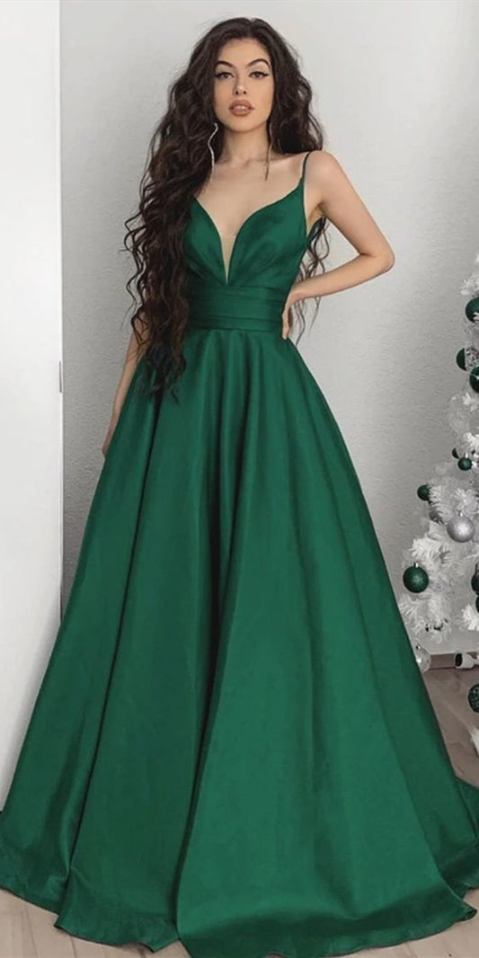 A Line V Neck Emerald Green Satin Pleats Prom Dresses   cg9285