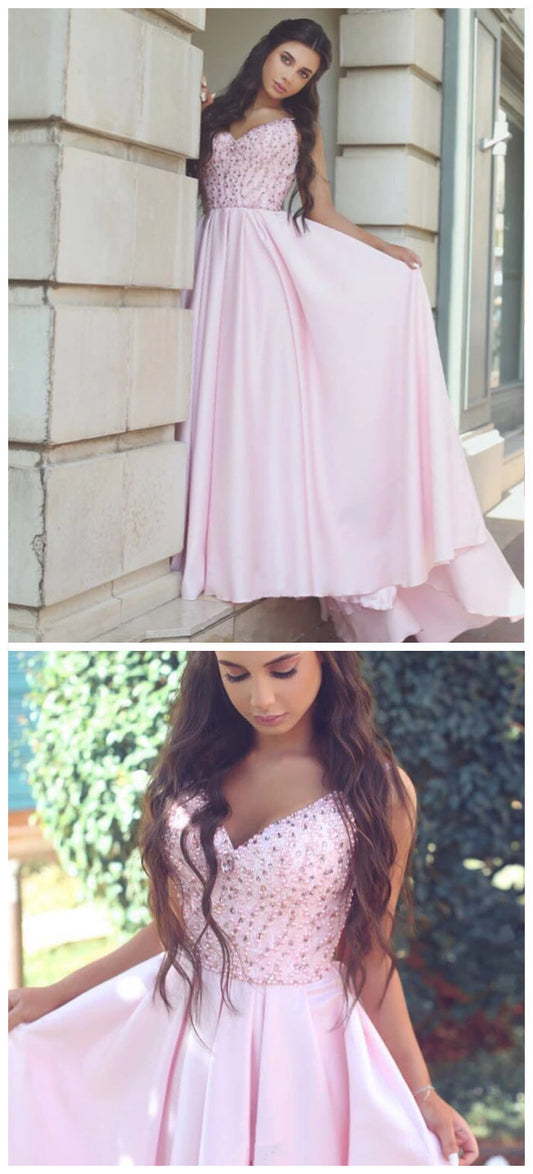 Pretty Pink Satin Evening Gowns Beaded V Neck Long Prom Dresses   cg9305