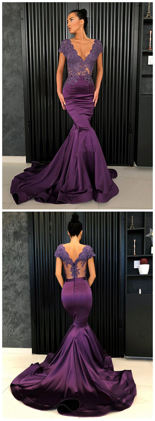 Purple Satin Cap Sleeve V Neck Long Lace Mermaid Formal Dress, Evening prom Dress    cg9307